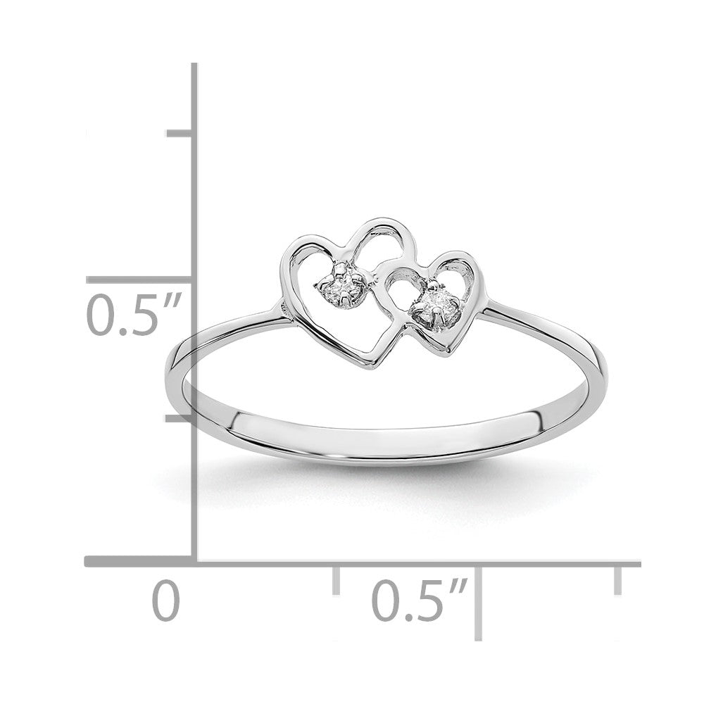 14k White Gold Polished AA Diamond Two Hearts Ring