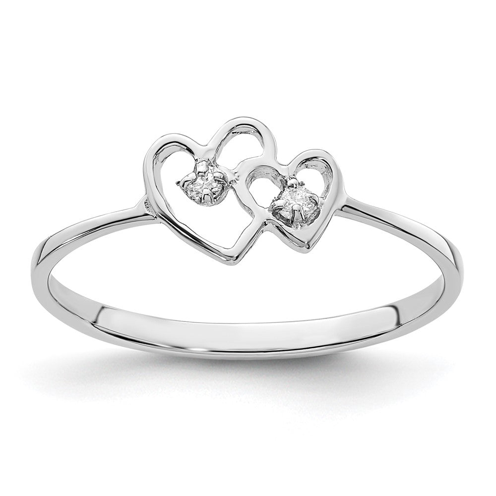 14k White Gold Polished AAA Diamond Two Hearts Ring
