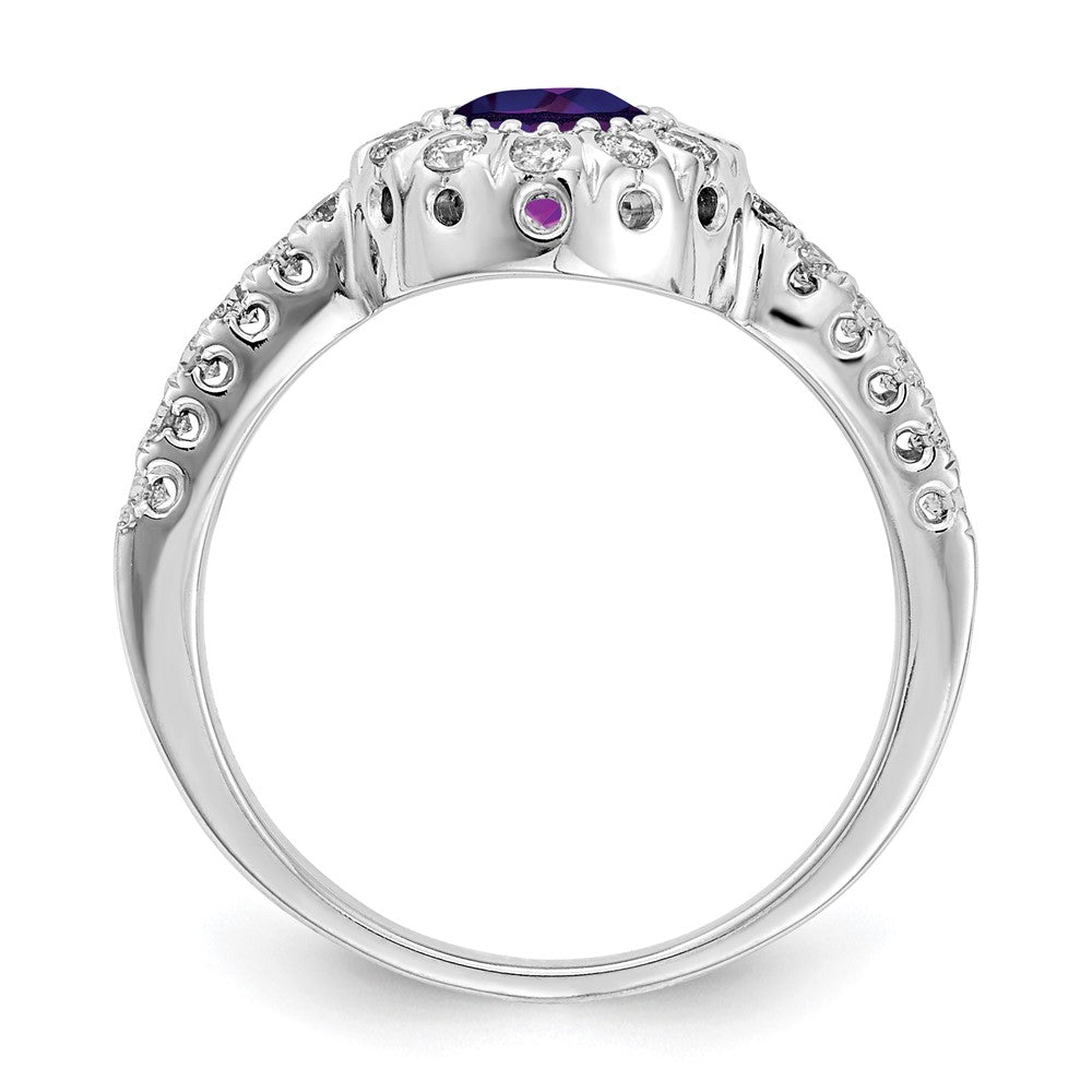 14k White Gold 5mm Round Amethyst and 1/3 carat AA Diamond Halo Ring