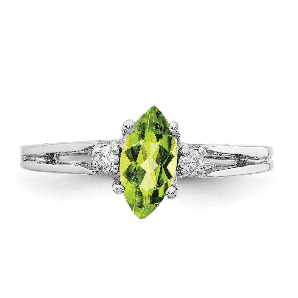 14k White Gold 8x4mm Marquise Peridot and 1/20 carat VS Diamond Ring