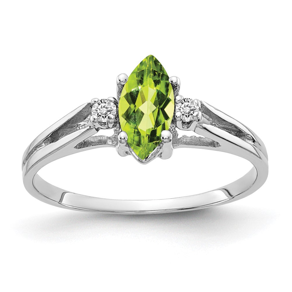 14k White Gold 8x4mm Marquise Peridot and 1/20 carat A Diamond Ring