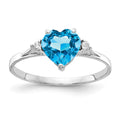 14k White Gold 7mm Heart Blue Topaz and 1/20 carat A Diamond Ring