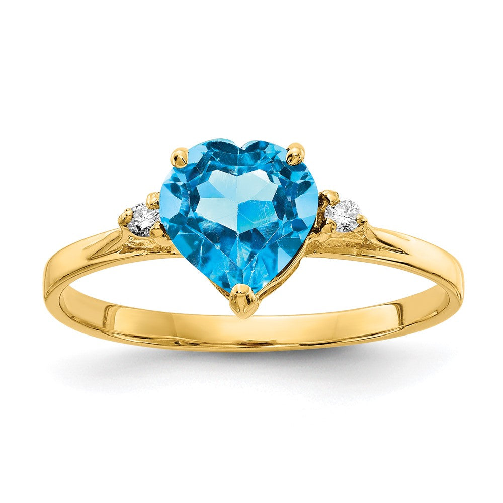 14k 7mm Heart Blue Topaz and 1/20 carat AAA Diamond Ring