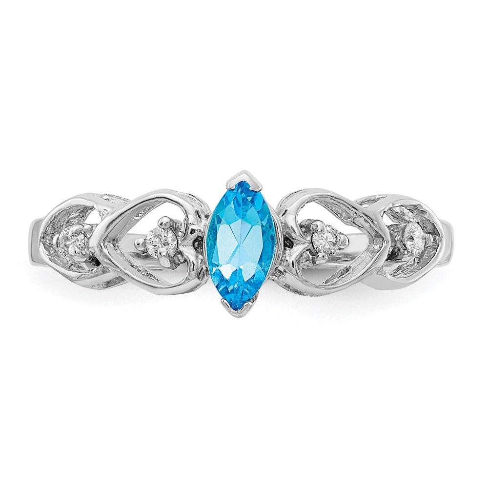 14k White Gold 6x3mm Marquise Blue Topaz and 1/20 carat AA Diamond Heart Shank Ring
