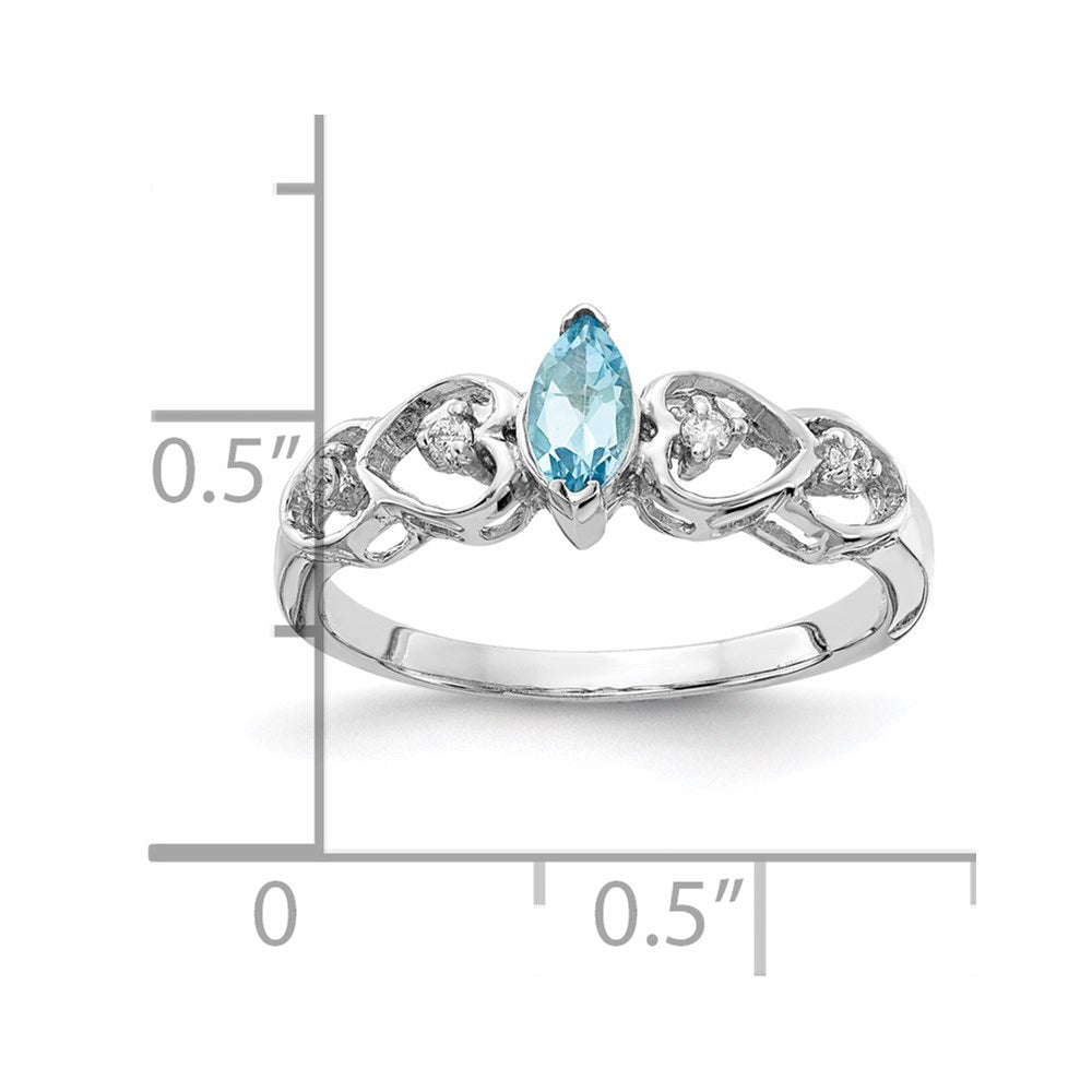 14k White Gold 6x3mm Marquise Blue Topaz and 1/20 carat AA Diamond Heart Shank Ring