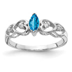 14k White Gold 6x3mm Marquise Blue Topaz and 1/20 carat AA Diamond Heart Shank Ring