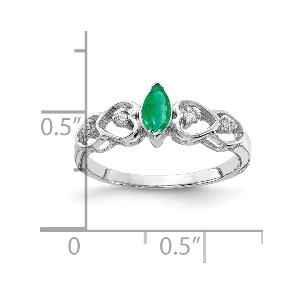 14k White Gold 6x3mm Marquise Emerald and 1/20 carat VS Diamond Heart Ring