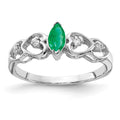 14k White Gold 6x3mm Marquise Emerald and 1/20 carat VS Diamond Heart Ring