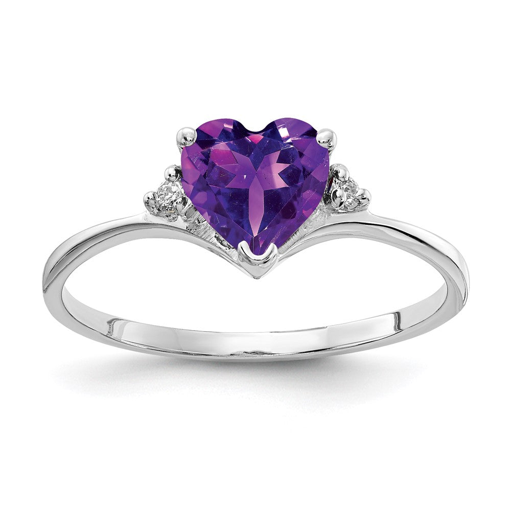 14k White Gold 6mm Heart Amethyst and AAA Diamond Ring