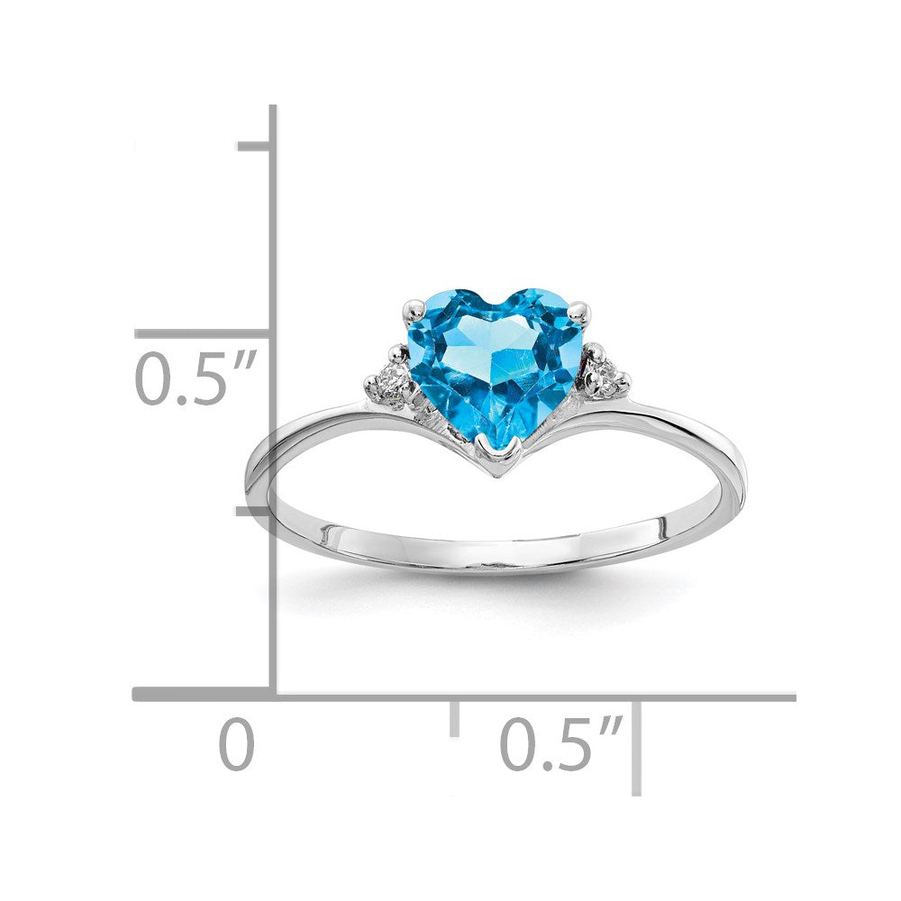 14k White Gold 6mm Heart Blue Topaz and AA Diamond Ring