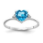 14k White Gold 6mm Heart Blue Topaz and AA Diamond Ring