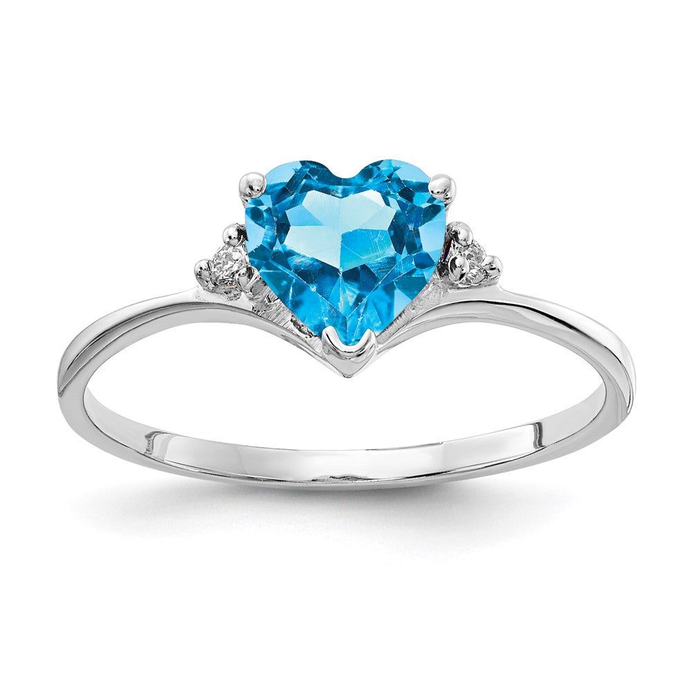 14k White Gold 6mm Heart Blue Topaz and AA Diamond Ring