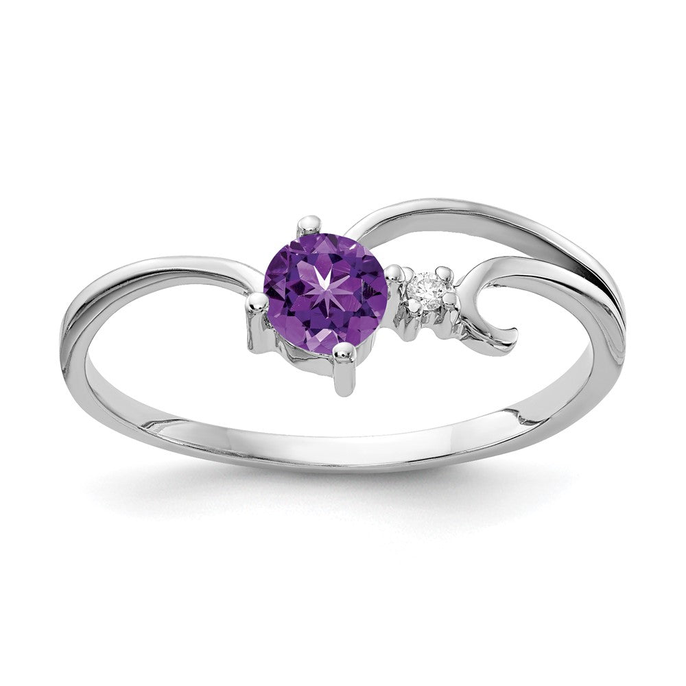 14k White Gold 4mm Round Amethyst and AAA Diamond Ring