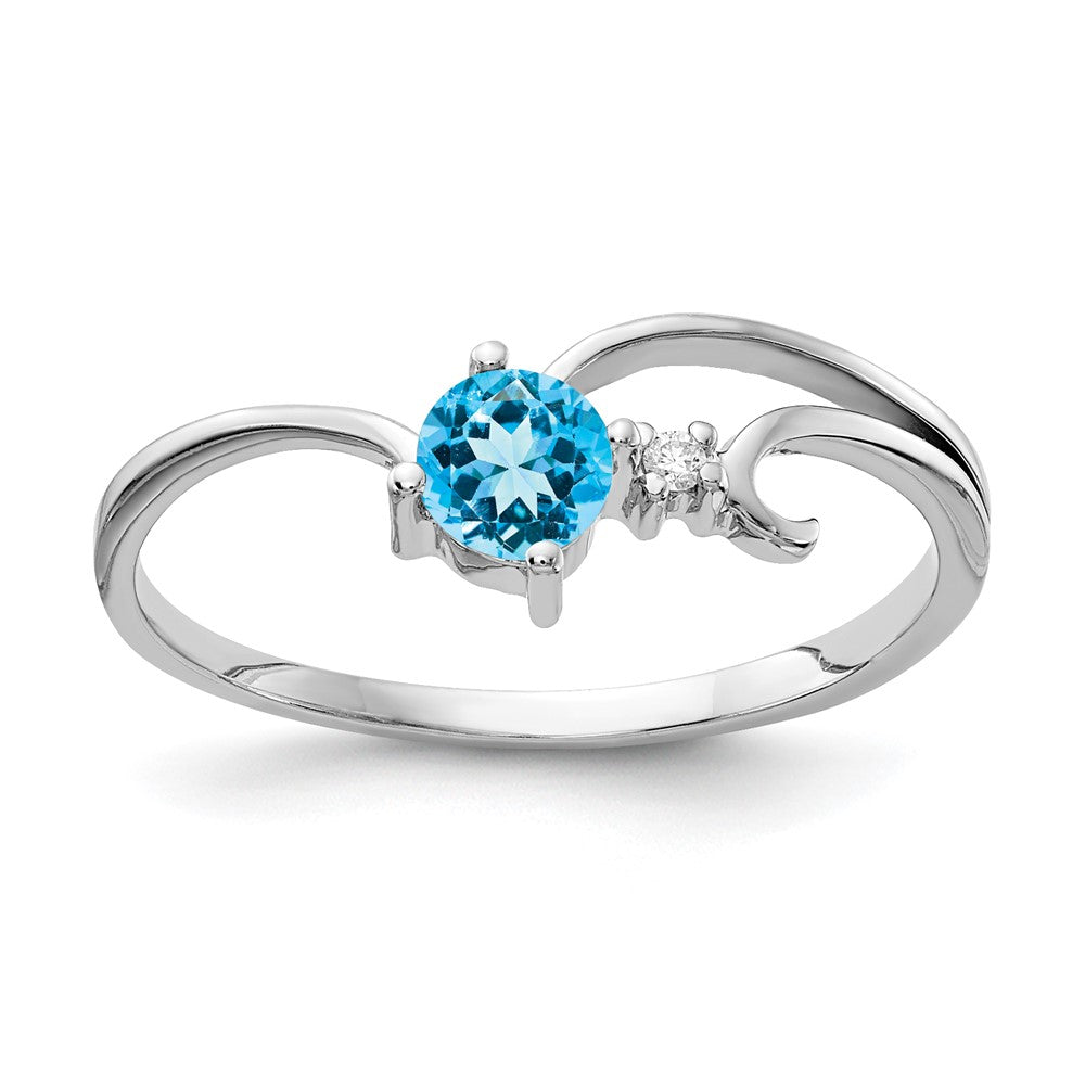 14k White Gold 4mm Round Blue Topaz and A Diamond Ring