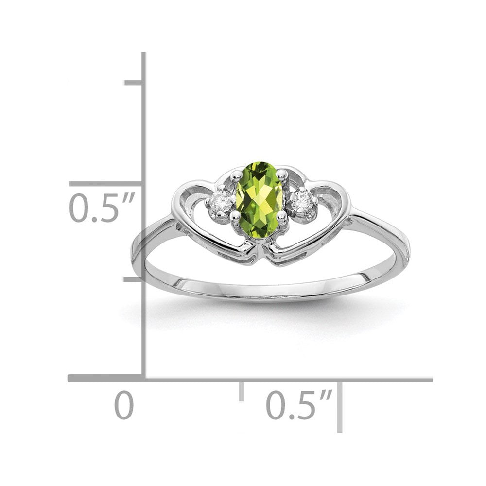 14k White Gold 5x3mm Oval Peridot and AA Diamond Two Hearts Ring