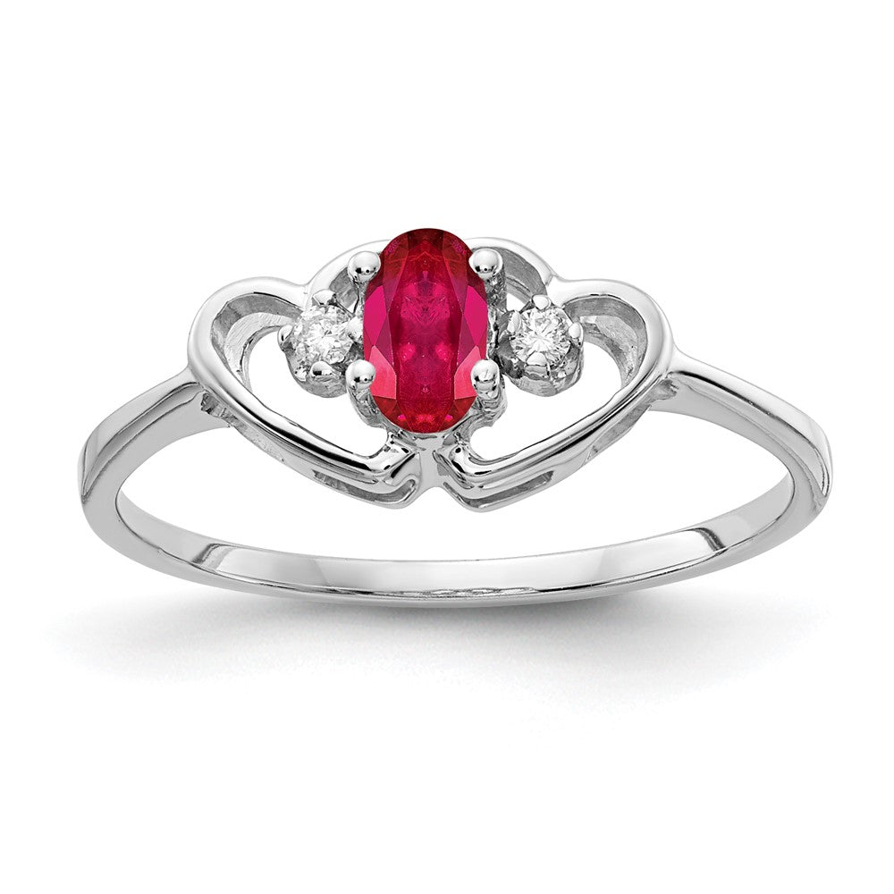 14k White Gold 5x3mm Oval Ruby and A Diamond Two Hearts Ring