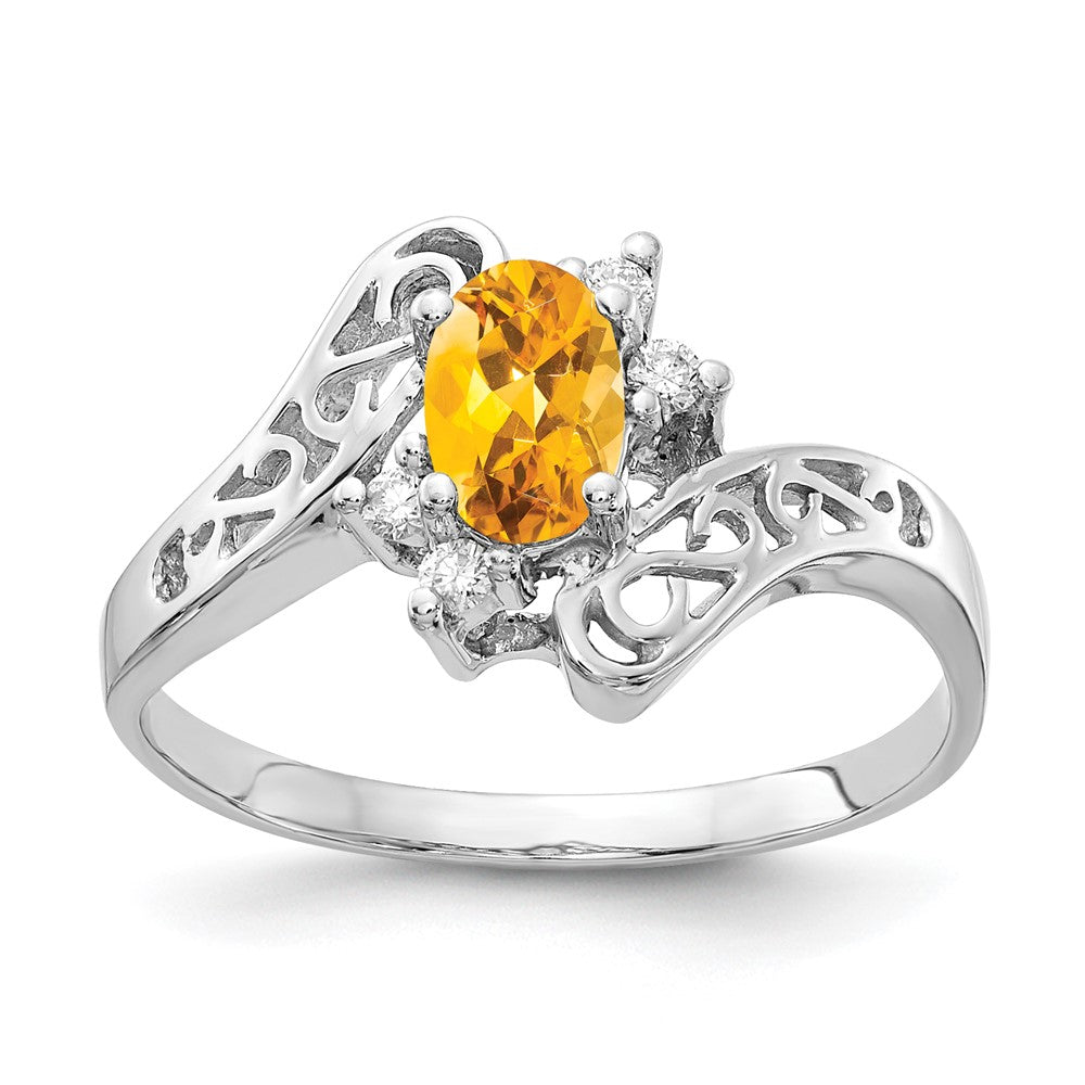 14k White Gold 6x4mm Oval Citrine and 1/20 carat AA Diamond Ring
