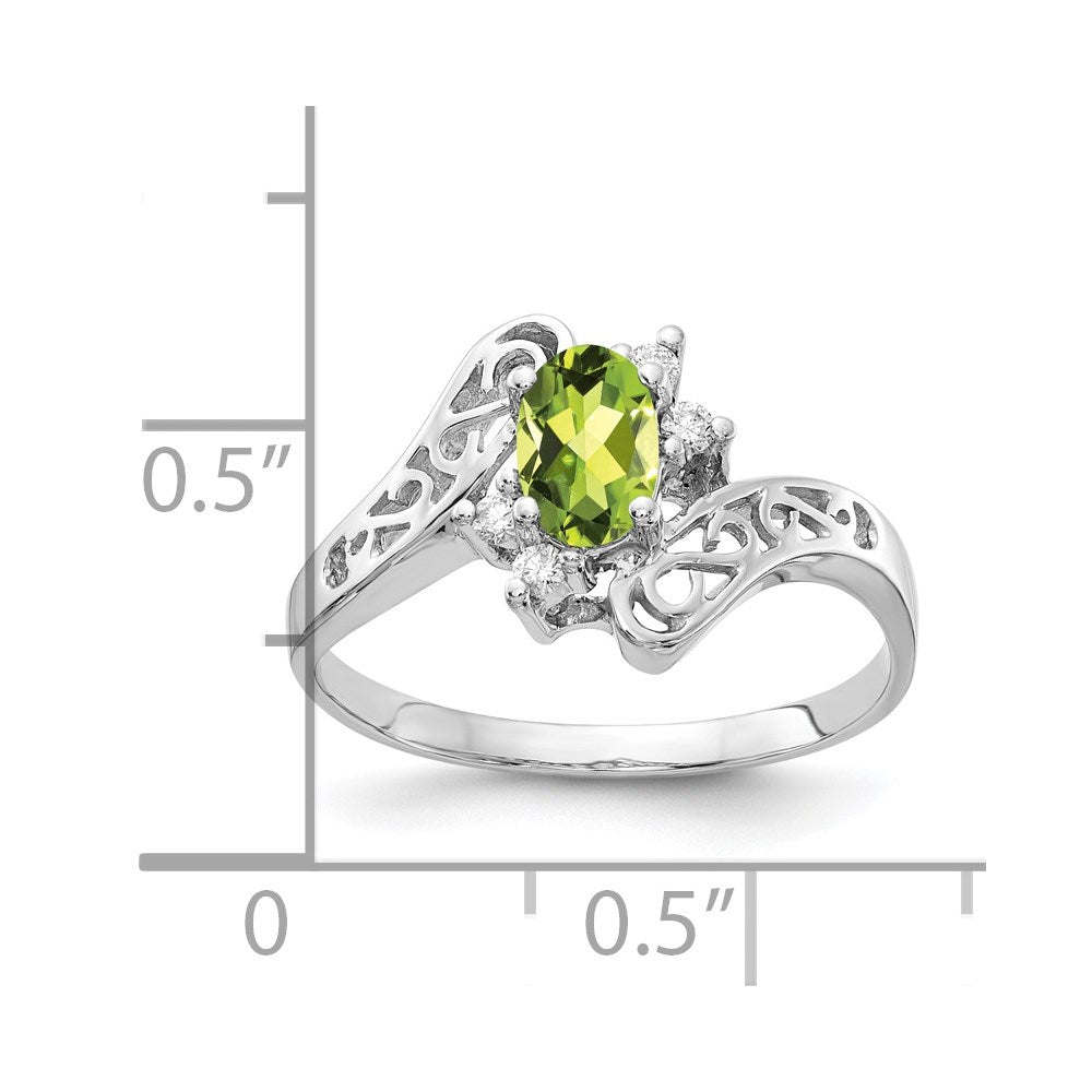 14k White Gold 6x4mm Oval Peridot and 1/20 carat AA Diamond Ring