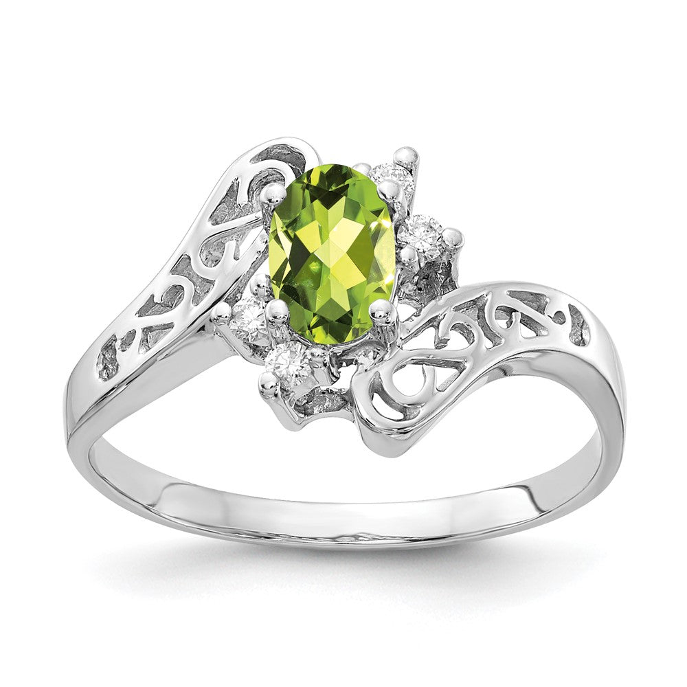 14k White Gold 6x4mm Oval Peridot and 1/20 carat VS Diamond Ring