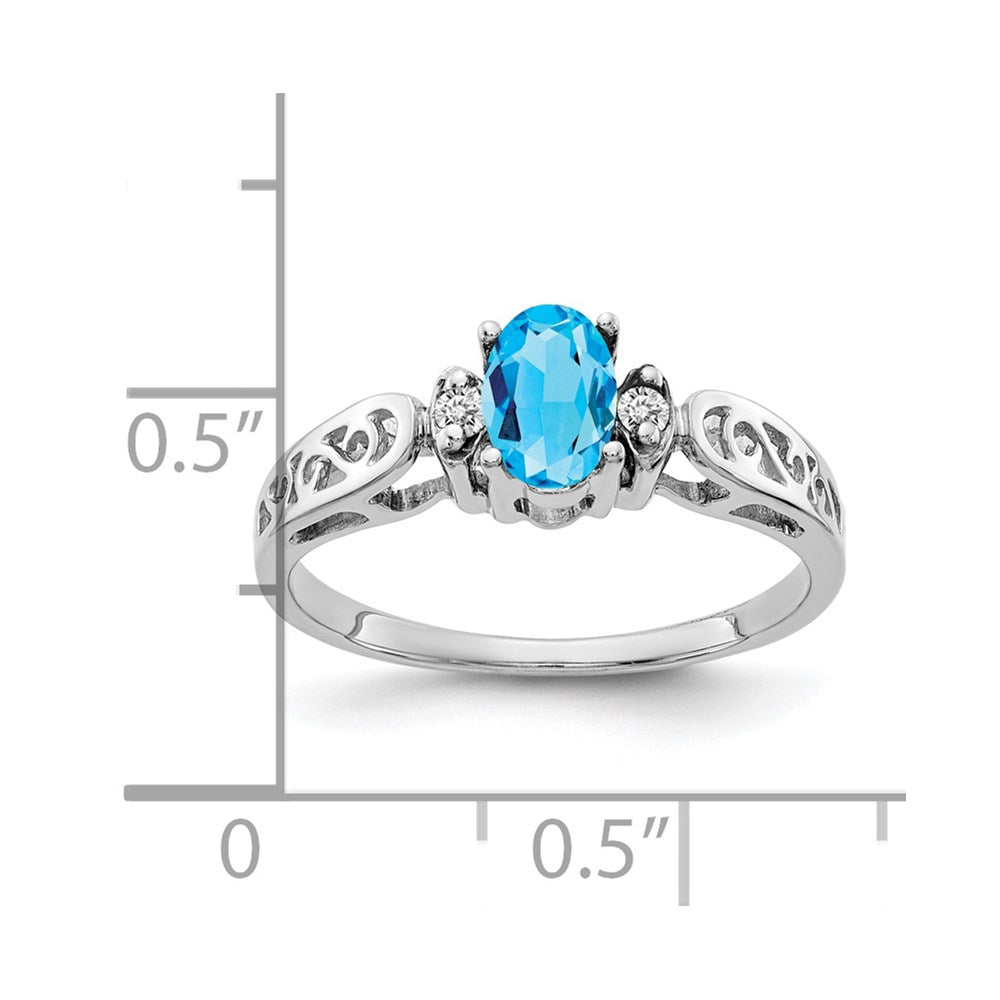 14k White Gold 6x4mm Oval Blue Topaz and A Diamond Filigree Ring