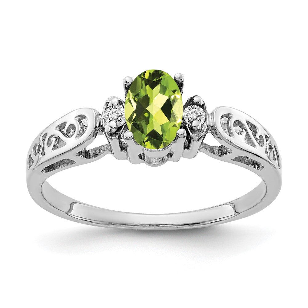 14k White Gold 6x4mm Oval Peridot and AA Diamond Filigree Ring
