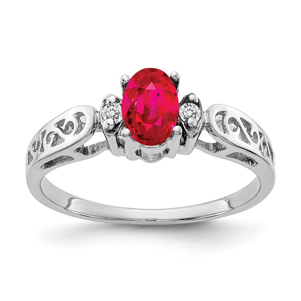 14k White Gold 6x4mm Oval Ruby and AA Diamond Ring