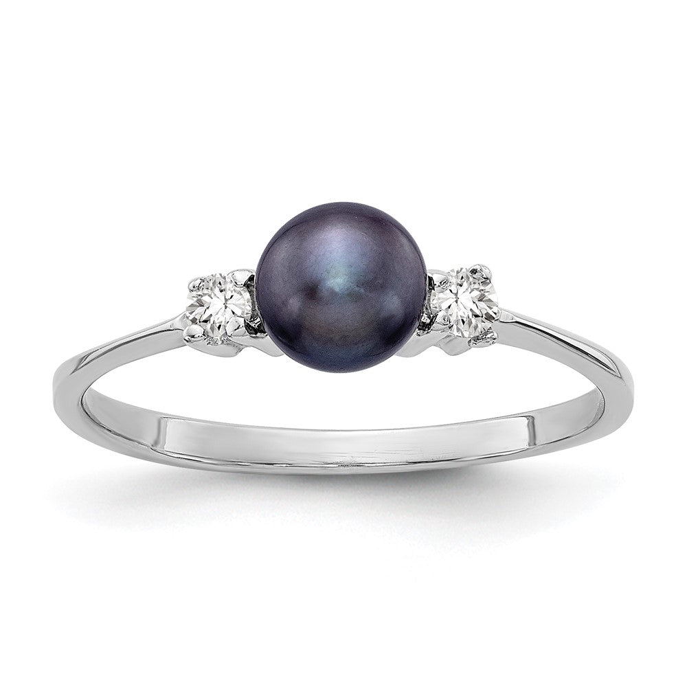 14k White Gold 5mm Black Freshwater Cultured Pearl and 1/15 carat VS Diamond Ring