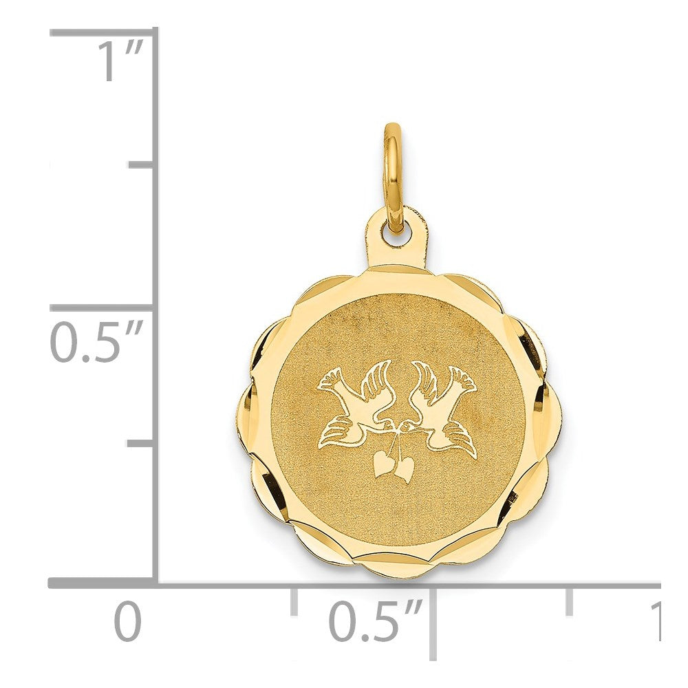 14k Love Birds Scalloped Border Engravable Disc Charm