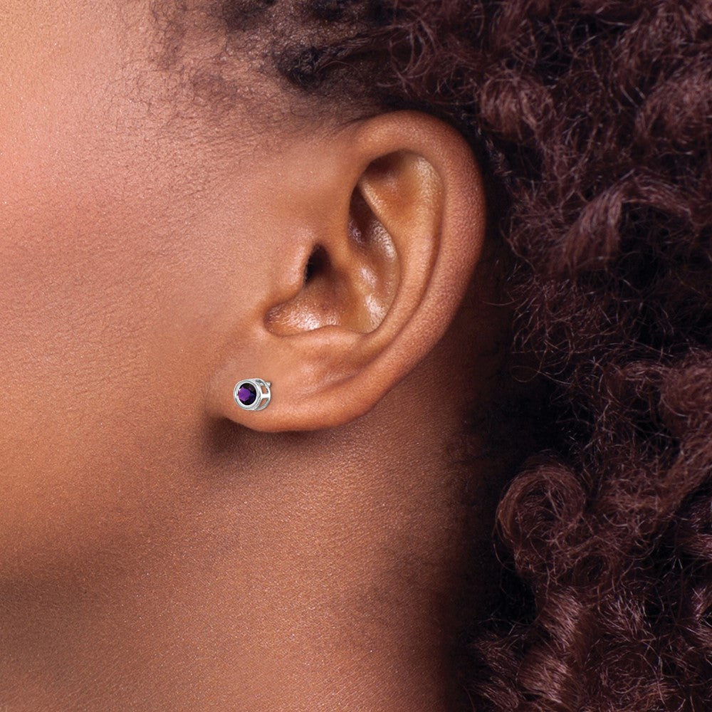 14k White Gold 4mm Round Bezel February/Amethyst Post Earrings