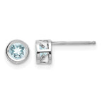 14k White Gold 4mm Round Bezel March/Aquamarine Post Earrings