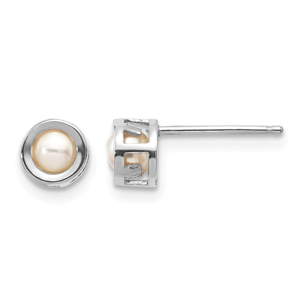 14k White Gold 4mm Round Bezel June/Freshwater Cultured Pearl Post Earrings