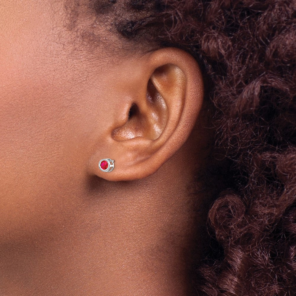 14k White Gold 4mm Round Bezel July/Ruby Post Earrings
