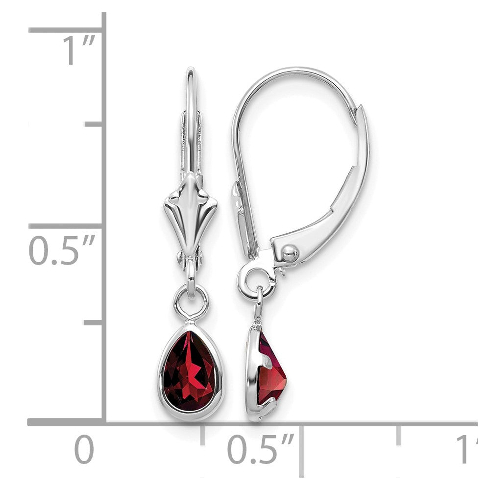 14k White Gold 6x4 Pear Bezel January/Garnet Leverback Earrings