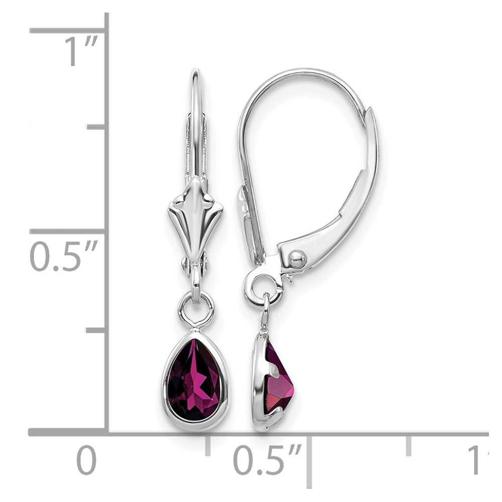 14k White Gold 6x4 Pear Bezel June/Rhodolite Garnet Leverback Earrings