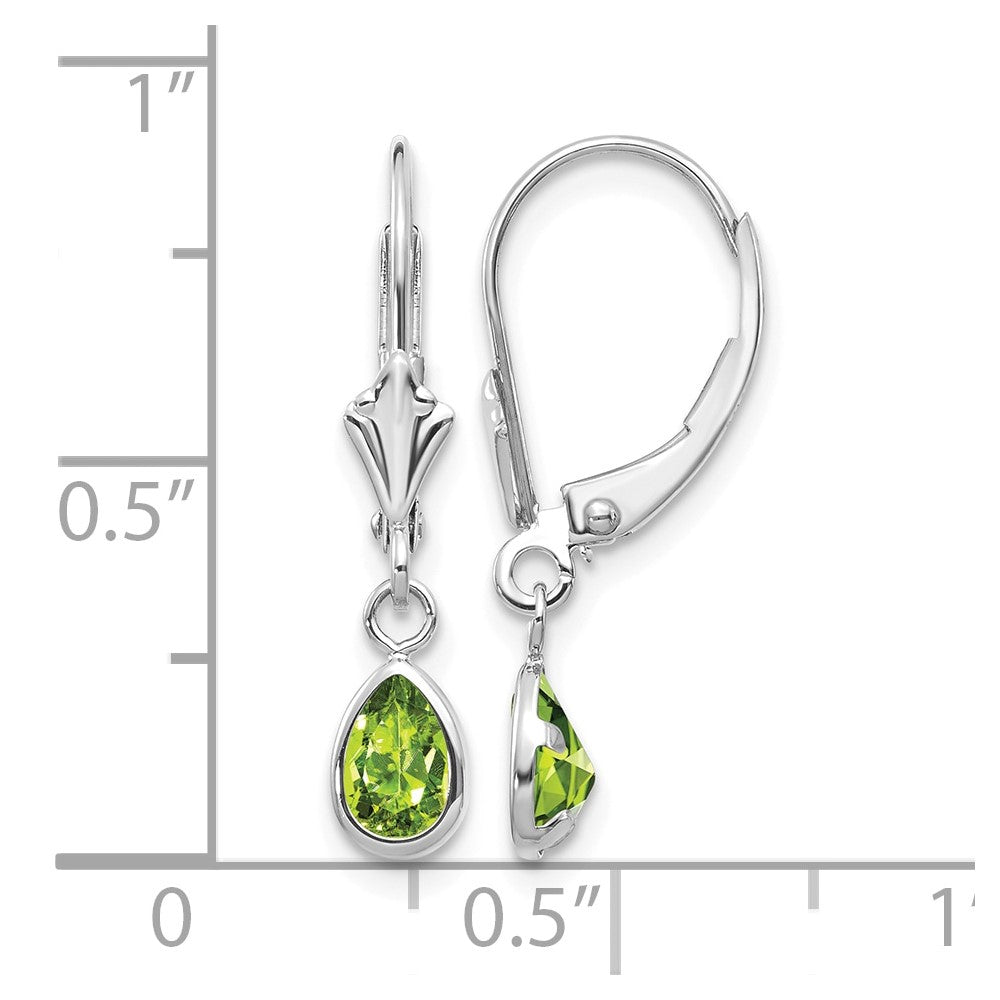 14k White Gold 6x4 Pear Bezel August/Peridot Leverback Earrings