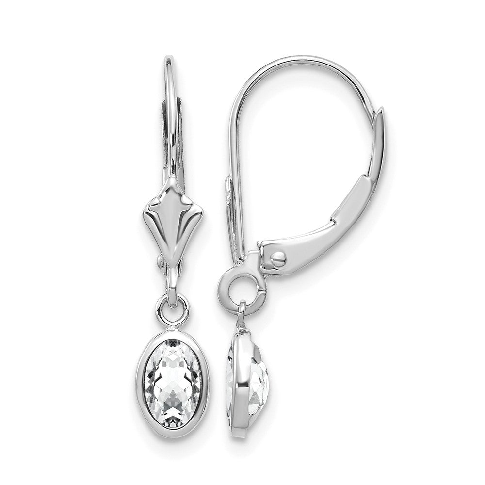 14k White Gold 6x4 Oval Bezel April/White Topaz Leverback Earrings