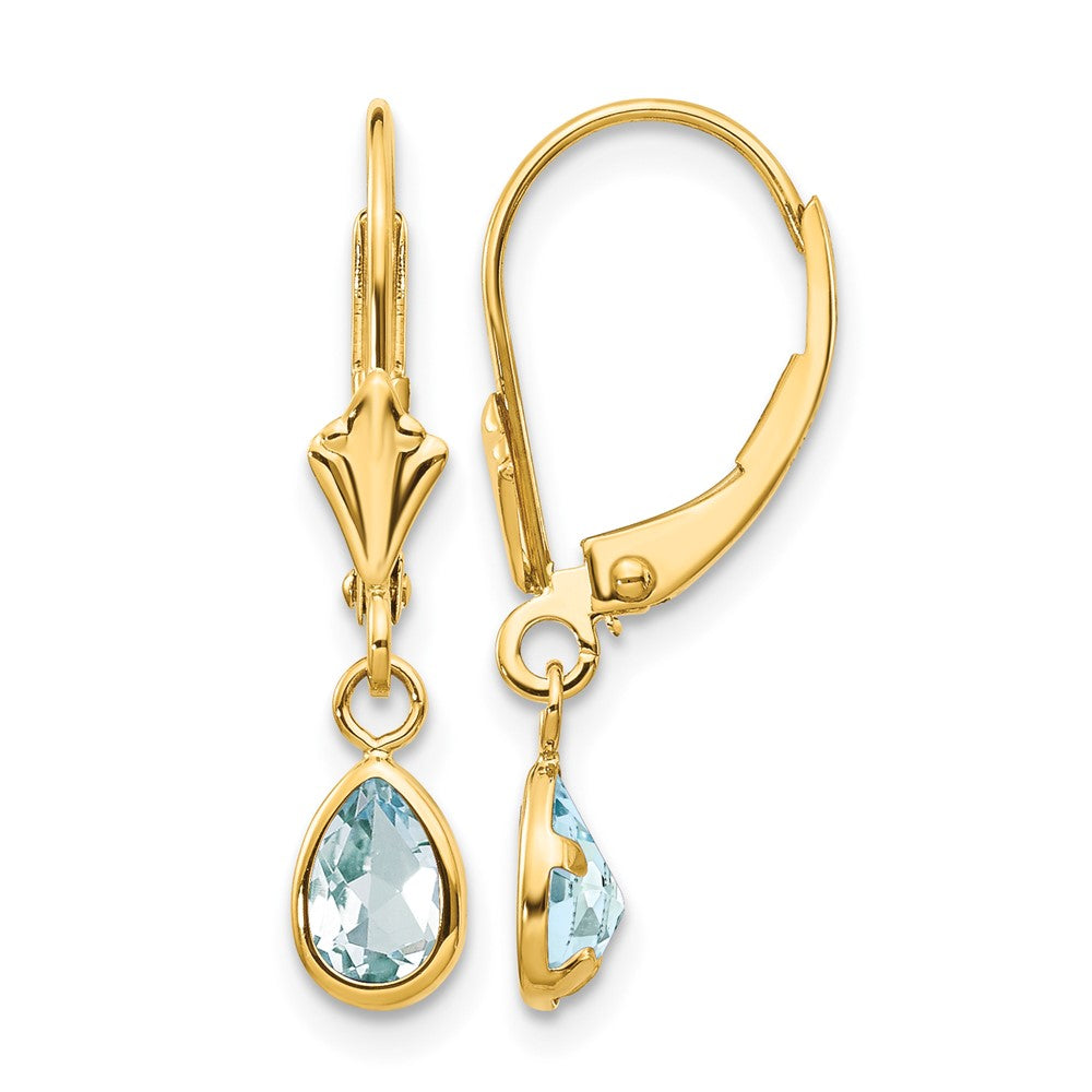 14k 6x4mm Pear Bezel March/Aquamarine Leverback Earrings