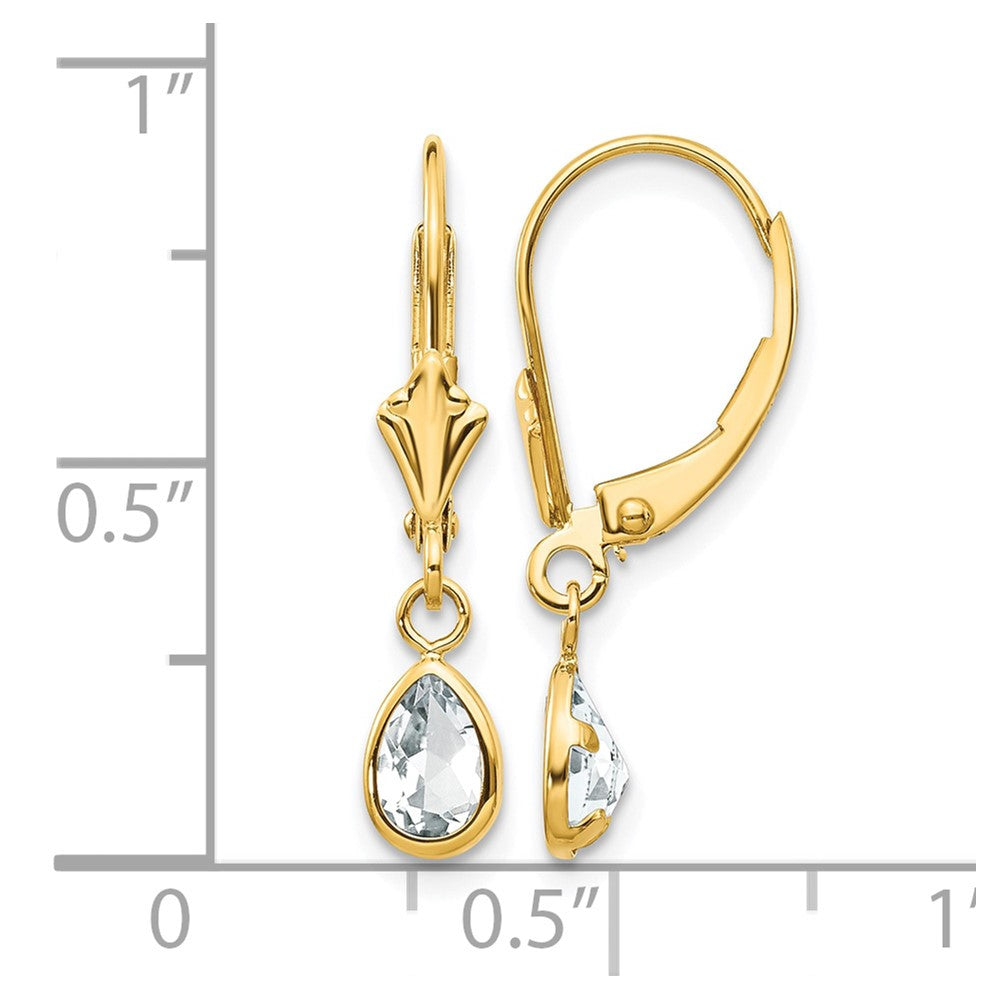 14k 6x4mm Pear Bezel April/White Topaz Leverback Earrings