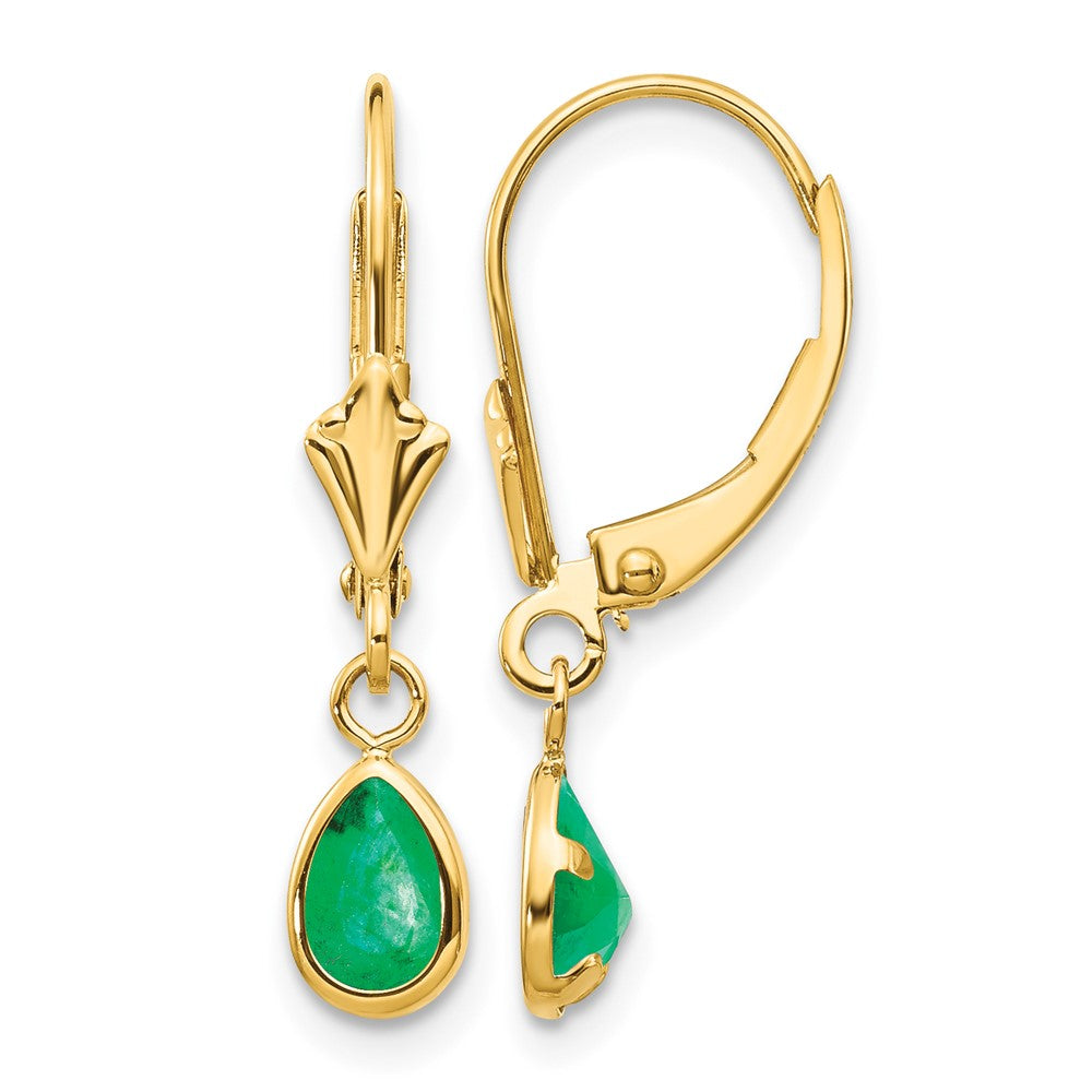14k 6x4mm Pear Bezel May/Emerald Leverback Earrings