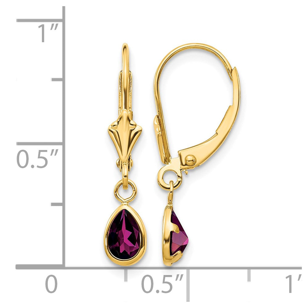 14k 6x4mm Pear Bezel June/Rhodolite Garnet Leverback Earrings