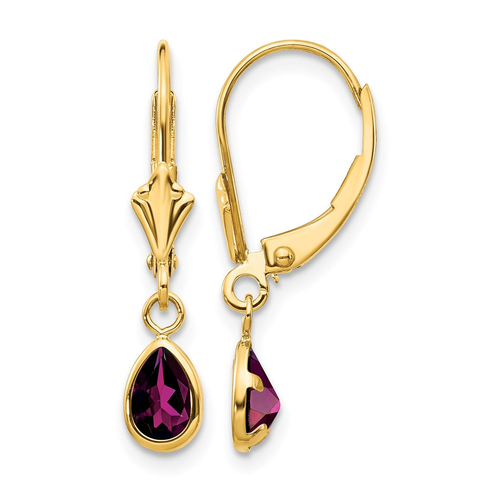 14k 6x4mm Pear Bezel June/Rhodolite Garnet Leverback Earrings