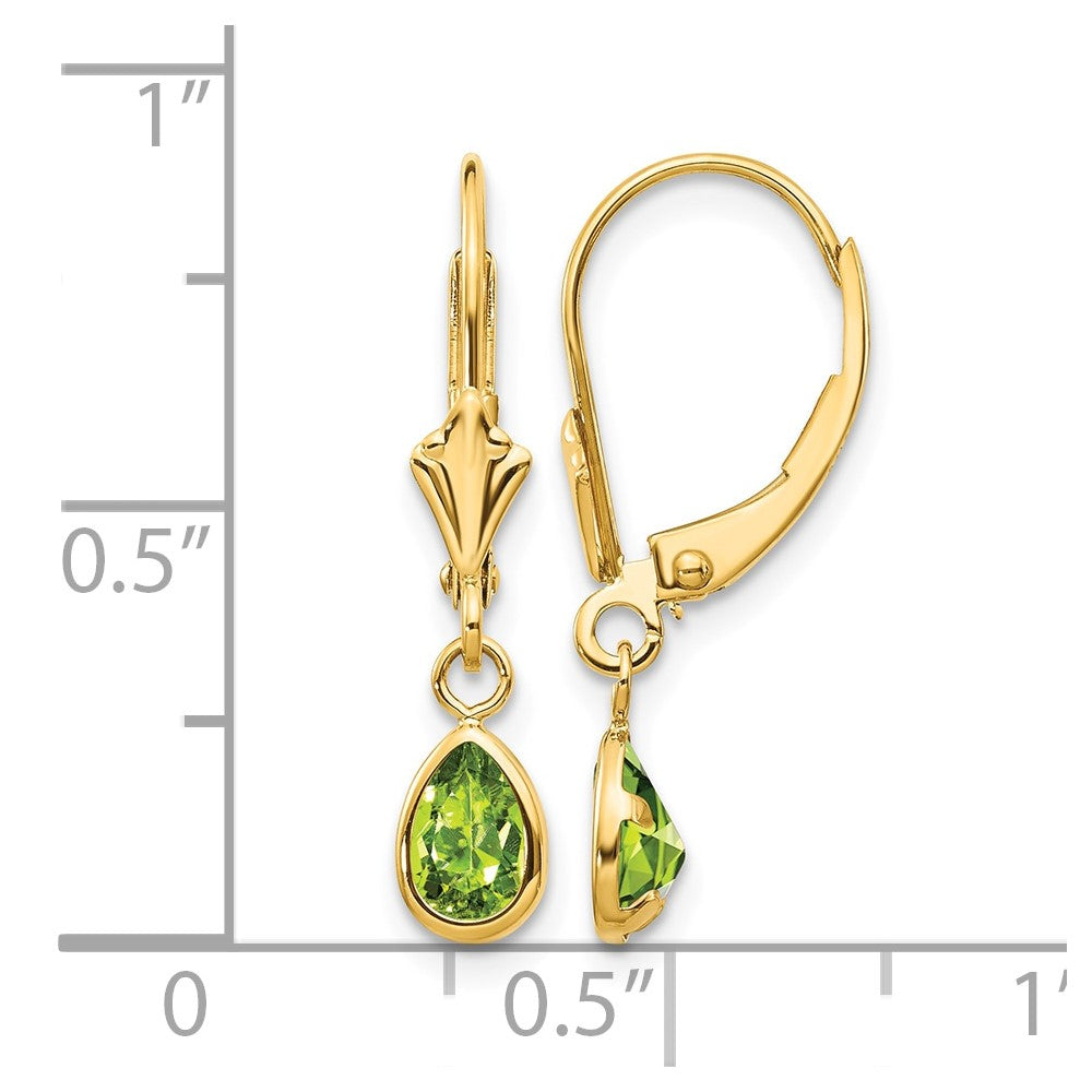 14k 6x4mm Pear Bezel August/Peridot Leverback Earrings