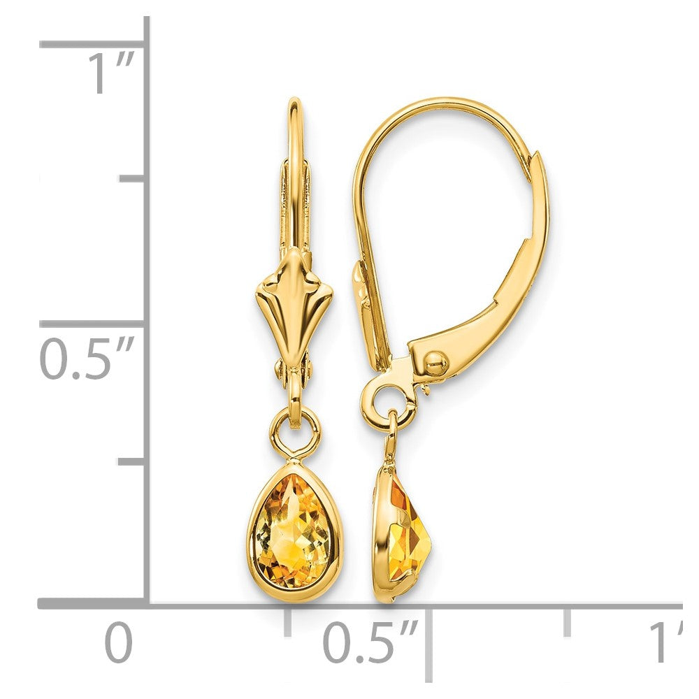 14k 6x4mm Pear Bezel November/Citrine Leverback Earrings
