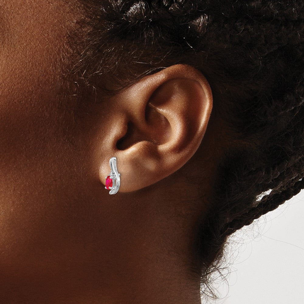 14k White Gold 5x3 Oval July/Ruby and Diamond Post Earrings