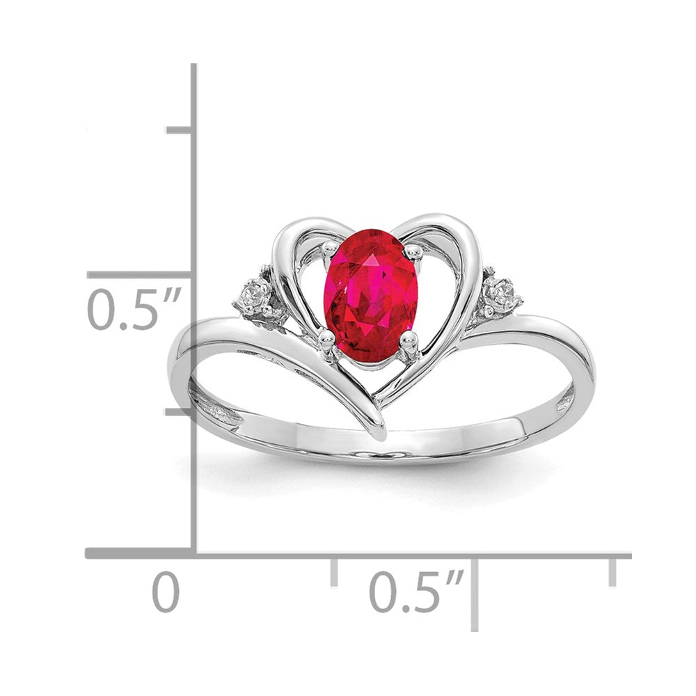 14k White Gold 6x4 Oval July/Ruby and Diamond Heart Ring