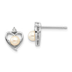 14k White Gold 4.5mm June/Freshwater Cultured Pearl and Diamond Heart Earrings