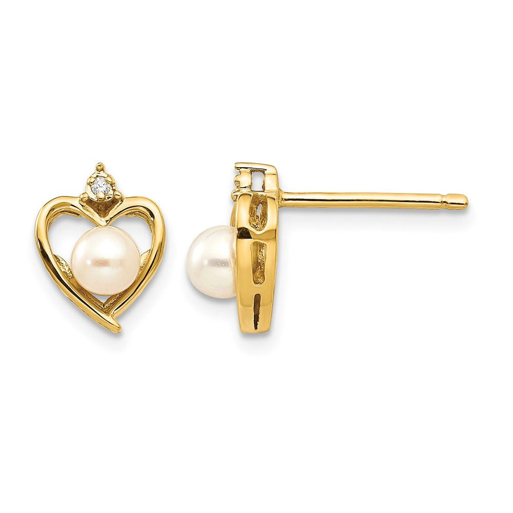 14k 4.5mm June/Freshwater Cultured Pearl and Diamond Heart Earrings