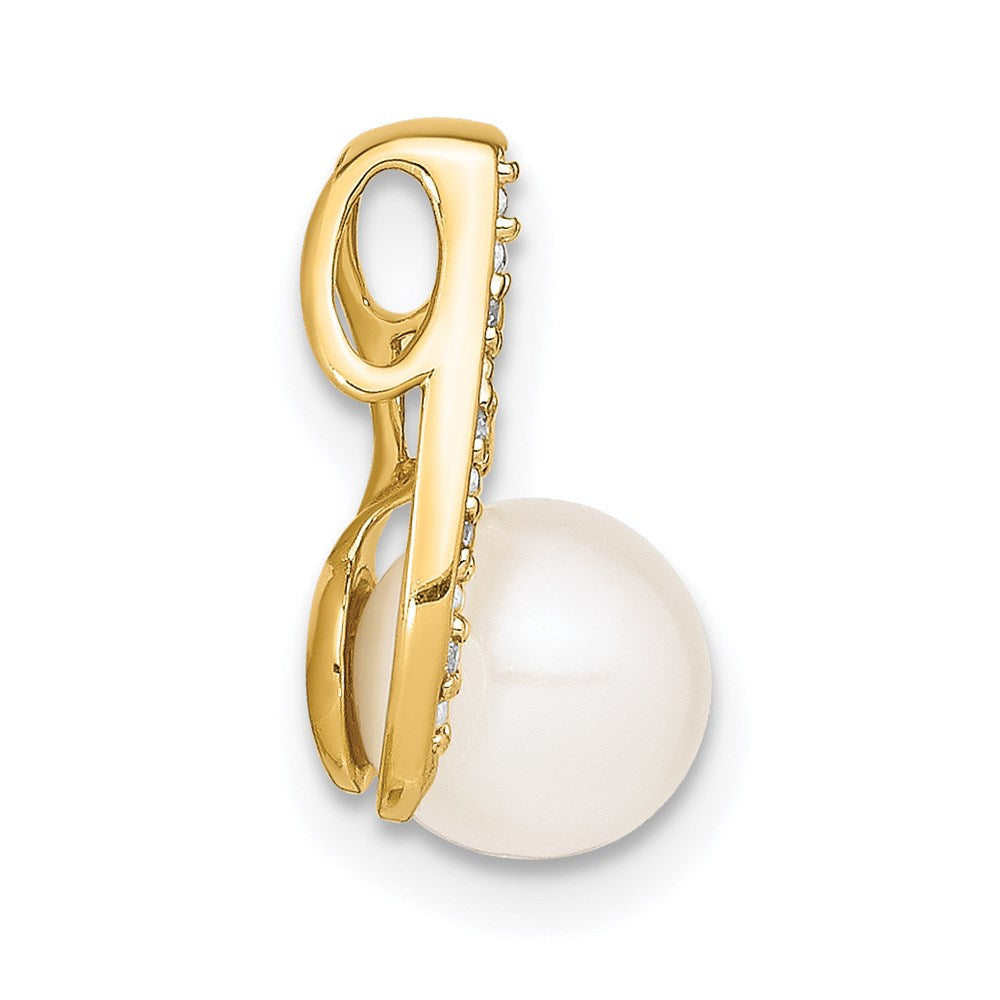 14k and Rhodium 7-8mm Button White Freshwater Cultured Pearl and Diamond Pendant