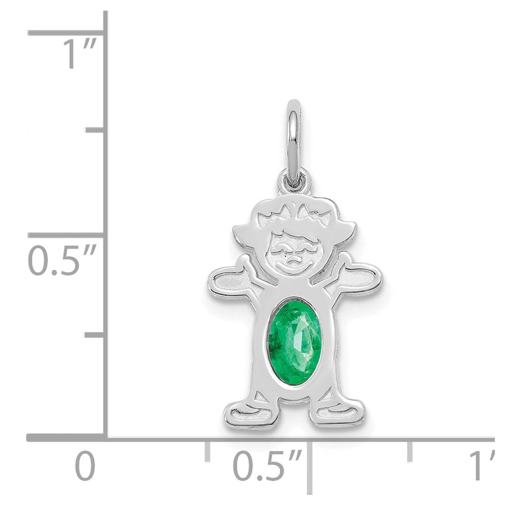 14K White Gold Girl Charm 6x4 Oval Genuine Emerald-May