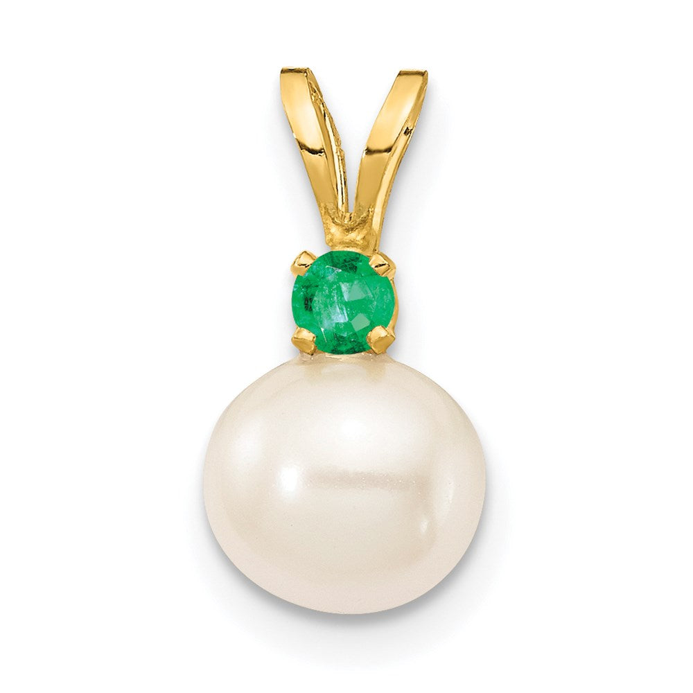 14k 6mm White FW Cultured Pearl & Emerald Pendant